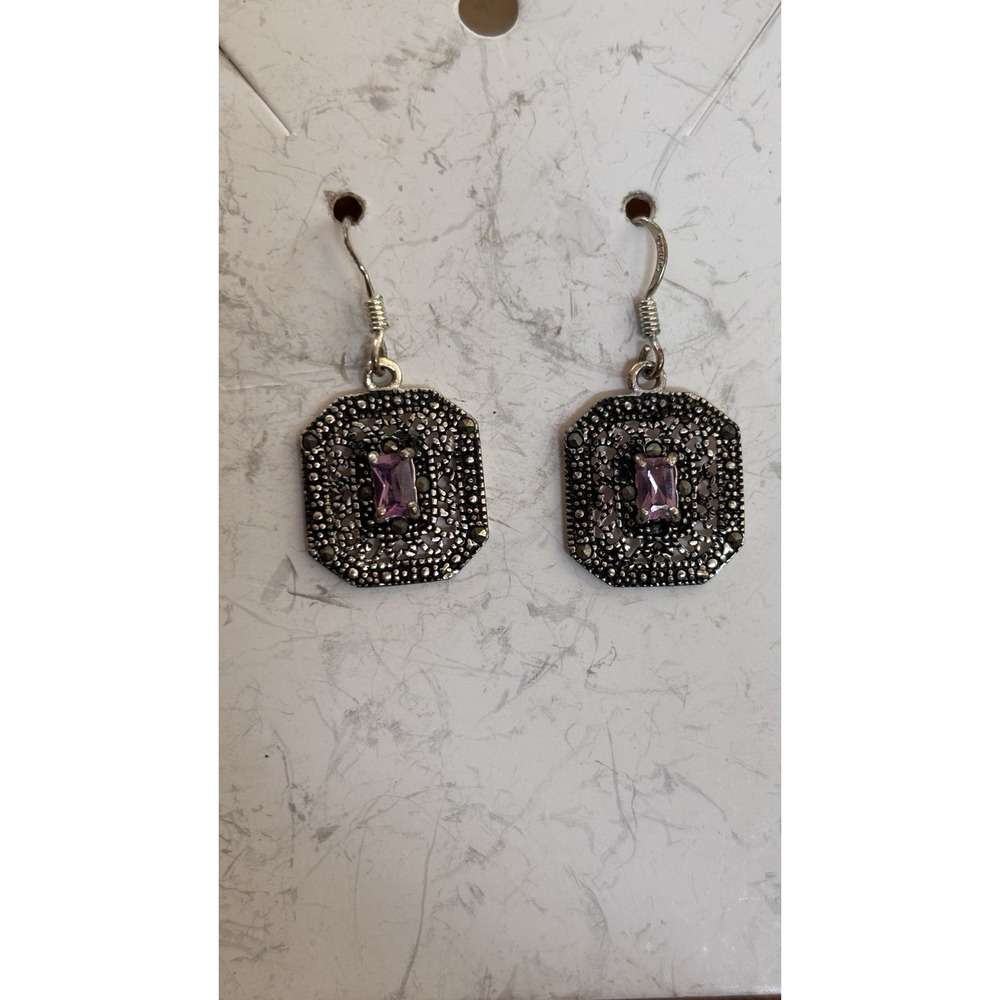 925 CW Sterling purple lavender Art glass Marcasite Deco dangle Earrings Vintage
